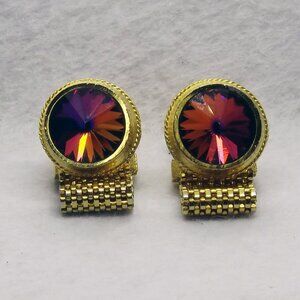 VTG 1950-1960 Gold Tone Rivoli Rhinestone Cufflinks